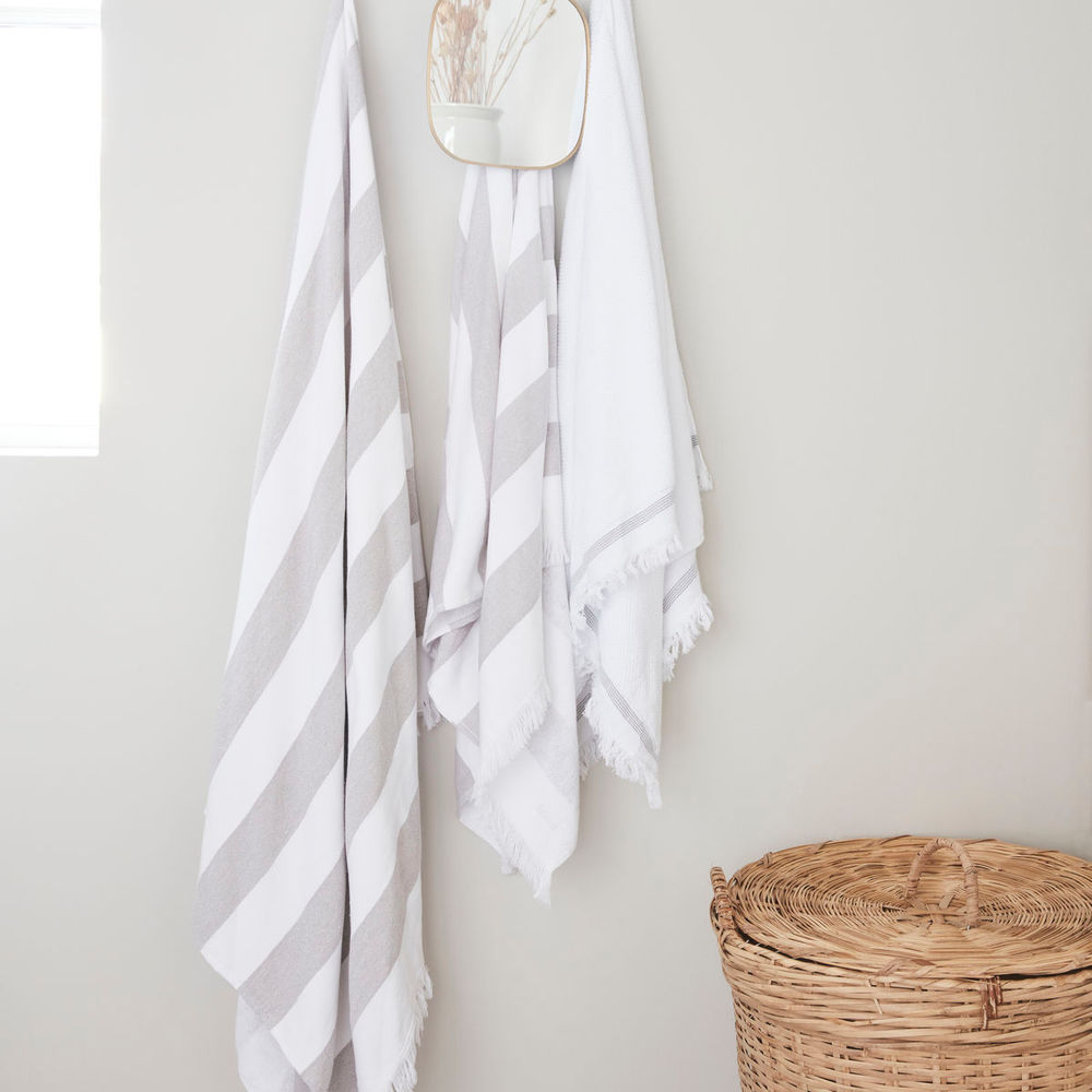 Serviette de bain Meraki, 100x180 cm, Blanc avec rayures grises